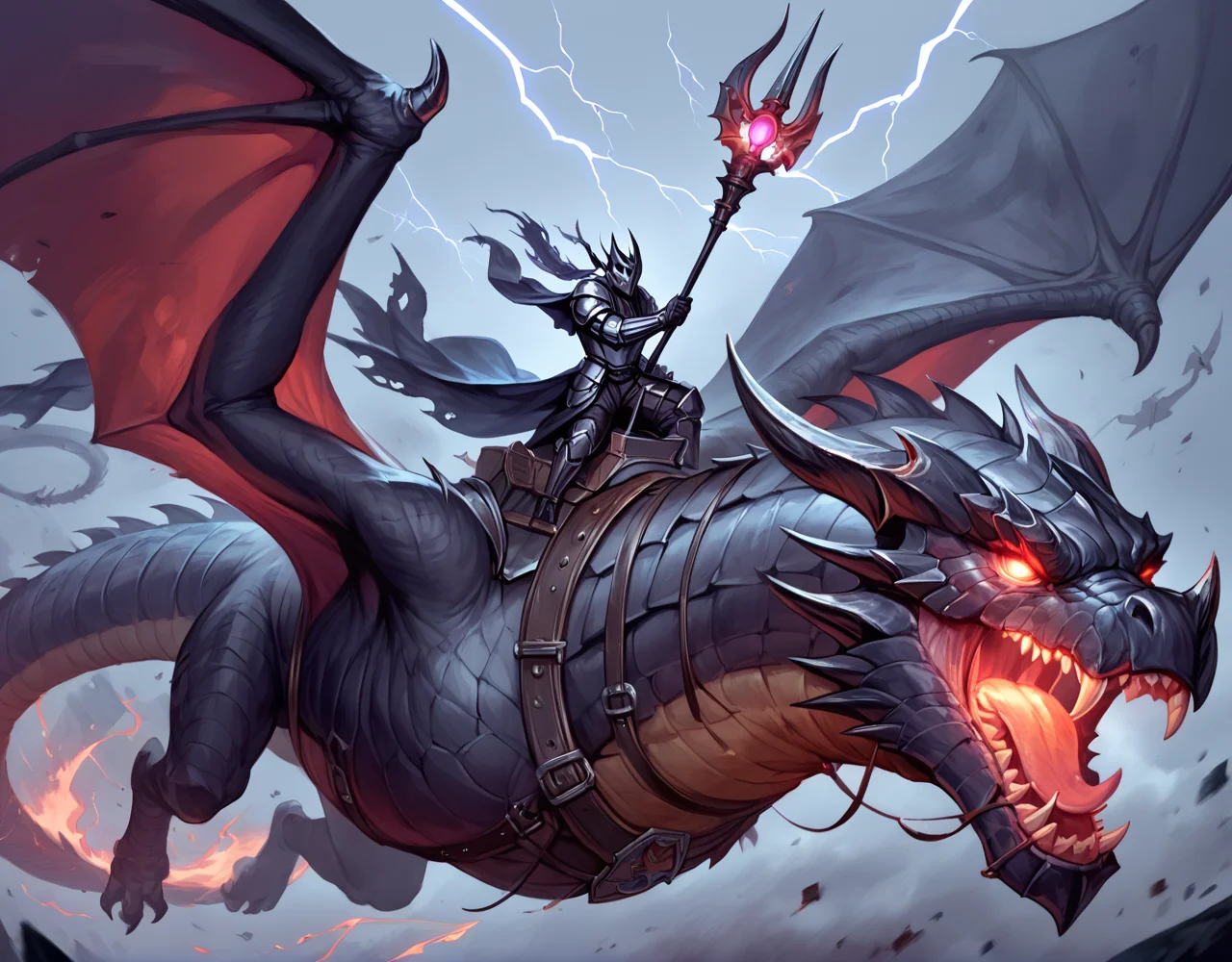 score_9, score_8_up, score_7_up, nighttime, epic image of an armored man riding a huge dragon through a dark sky, flying, lightning, black armor, darkness, horns, horned helmet, dark mood, otherworldly, dark clouds, dark lord, holding staff, glowing eyes <lora:dragonriderpxl:0.8>, dragonriderpxl, motion, action shot, best quality, masterpiece, photorealistic, vortex in sky, dark magic