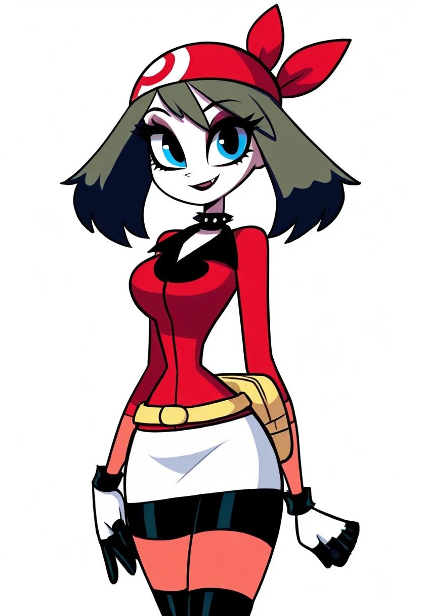 (masterpiece, best quality, good quality, very aesthetic, absurdres, newest:1.2), (curvy, medium breasts), zzMay, solo, brown hair, blue eyes, medium hair, red shirt, bike shorts, red bandana, red shirt, gloves, white miniskirt, yellow belt, <lora:MayPokemon_NAI:1.0>,, smile, looking at viewer, cowboy shot, (two-tone hair, purple hair, makeup, eyeshadow, black lips, dress, black boots, knee boots, spikes, spiked collar, gothic), ,<lora:VampieNAI:1.0>,