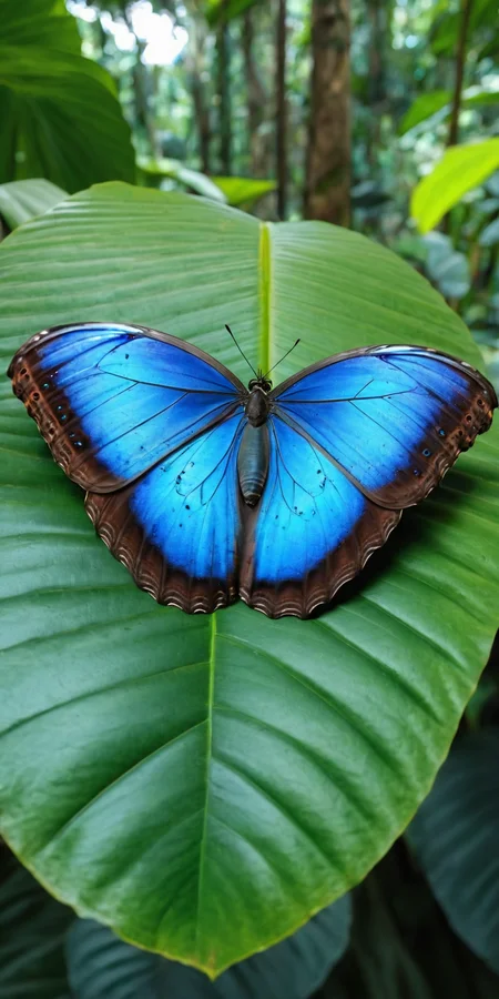 Blue Morpho butterfly, resting, tropical forest, daylight, natural sunlight, no artist, realistic, photography, highly detailed, vibrant colors, Sony camera, 4K, ultra-high-definition, crisp focus,<lora:HMSGå¾®è·è´è¶XL-000010:1>,