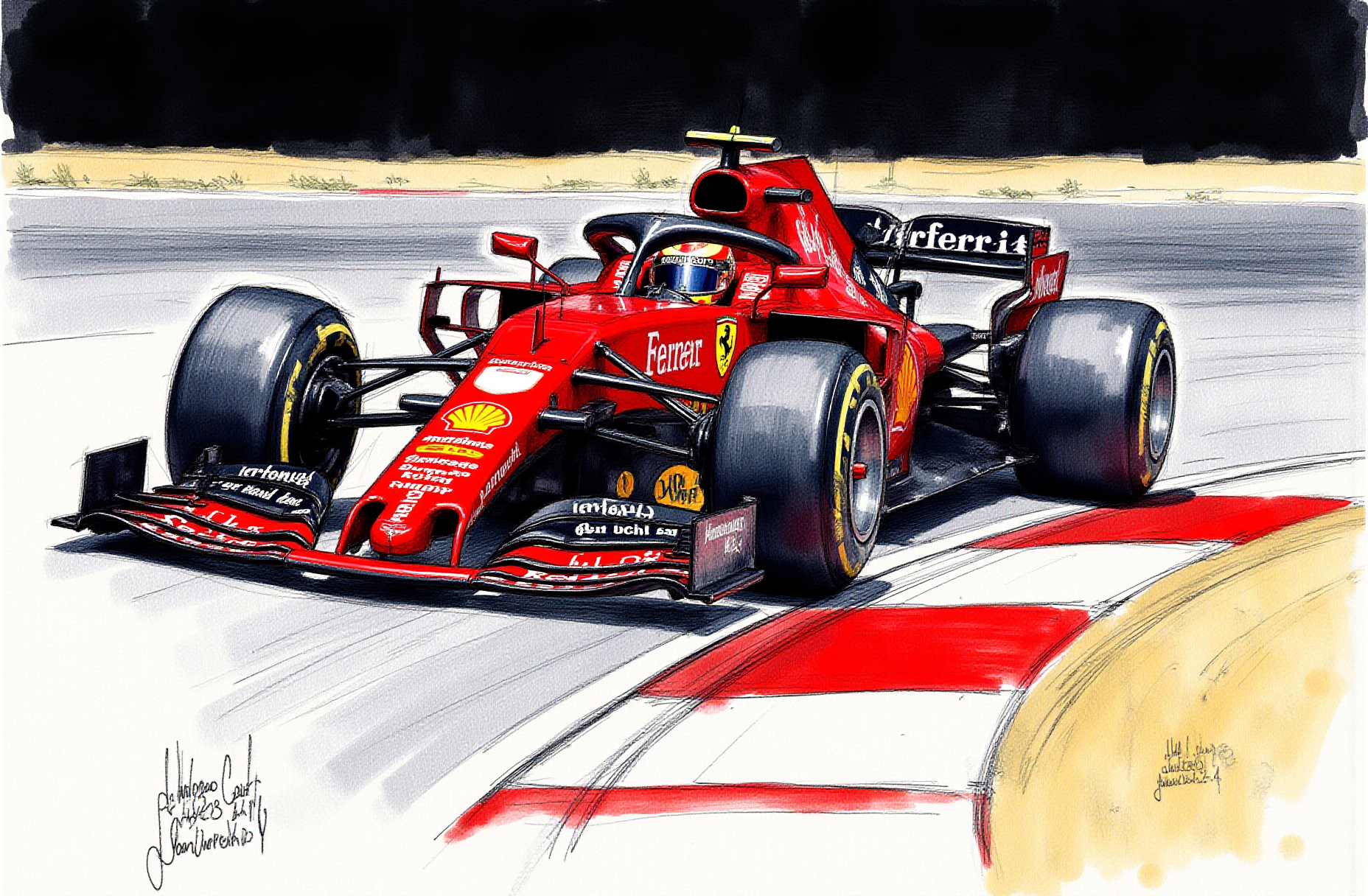 Sharp image of a rough sketch, rendered in vibrant multi colour ballpoint pen, capturing the adorable features of a Formula One racing car on a race track. The car is red and black in color with the word "Ferrari" written on the side in white letters. It is moving at a high speed, with the wheels slightly blurred as it navigates the curve. The track is curved and has a red and white checkered pattern on the sides. The background is dark, indicating that the photo was taken at night.  p3nsk, <lora:p3nsk:1>