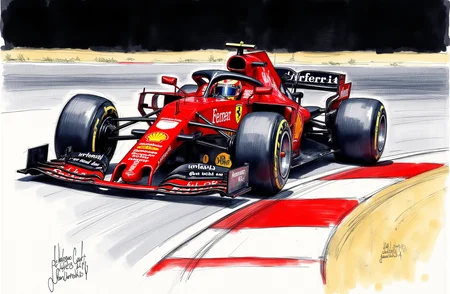 Sharp image of a rough sketch, rendered in vibrant multi colour ballpoint pen, capturing the adorable features of a Formula One racing car on a race track. The car is red and black in color with the word "Ferrari" written on the side in white letters. It is moving at a high speed, with the wheels slightly blurred as it navigates the curve. The track is curved and has a red and white checkered pattern on the sides. The background is dark, indicating that the photo was taken at night.  p3nsk, <lora:p3nsk:1>