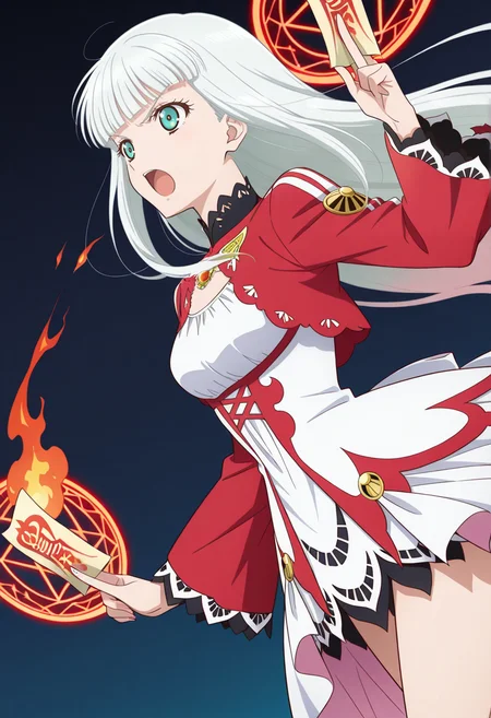 open mouth, ofuda, holding ofuda, serious, casting spell, flame, magic circle,
cowboy shot, dynamic angle,
BREAK,
<lora:lailahI_illustriousXL_v04:1>
lailahdef, silver hair, very long hair, multicolored hair, blunt bangs, pink hair, aqua eyes, straight hair,
laced collar, breast cutout, jewelry, sidelocks, white dress, red dress, multi-colored dress, long sleeves, red sleeves, wide sleeves, white overskirt,
high heels, red heels,, source_anime, very aesthetic, anime coloring, masterpiece,
best quality, amazing quality, ultra detailed, very aesthetic,
detailed background,
BREAK,, gradient background, dark blue background, particle effects,