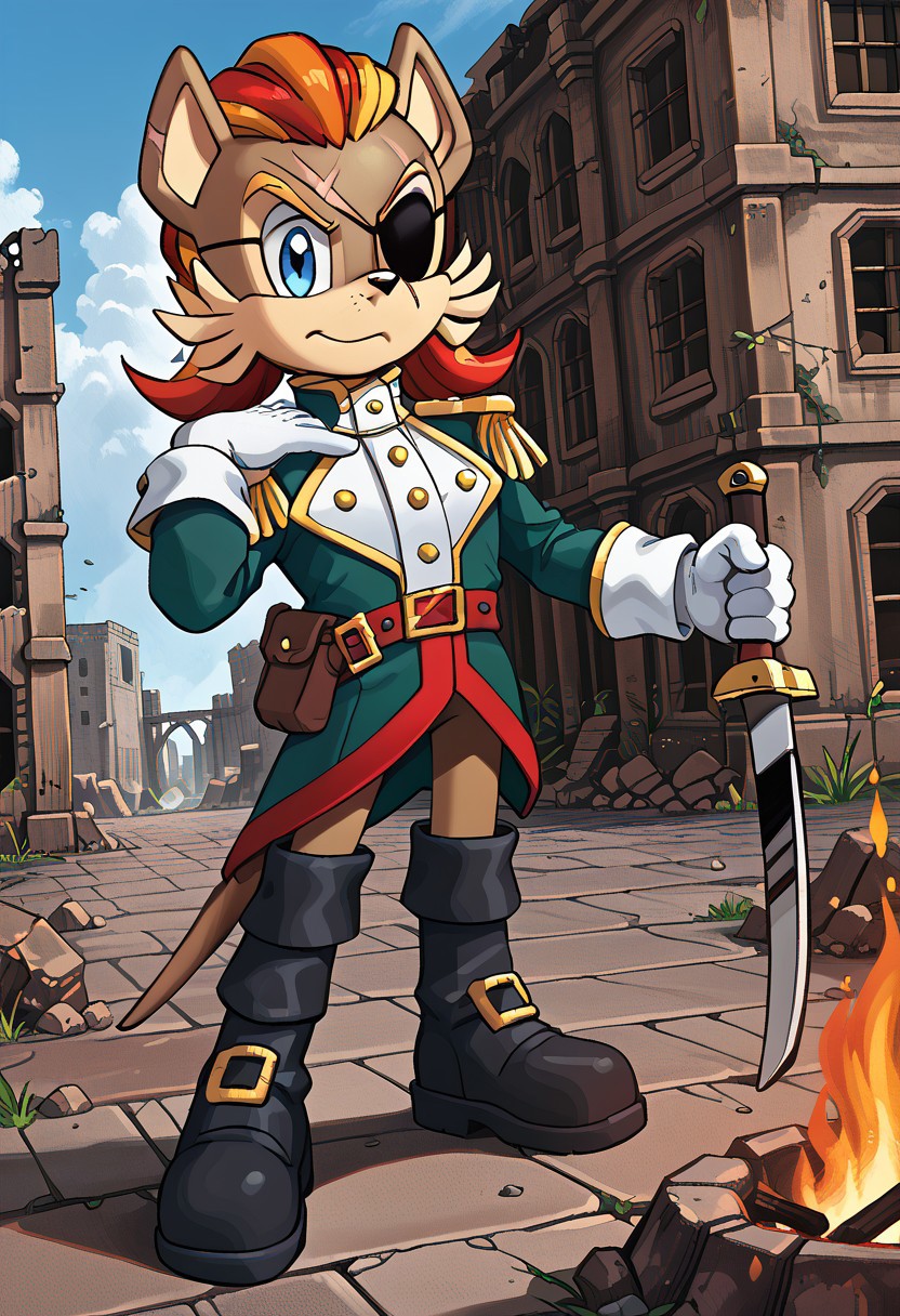 masterpiece, best quality, amazing quality, high detail, absurdres, Patch D'Coolette, male solo, fire on ground, ruins, outdoors, building, weapon, sheathed, tail, looking at viewer, green jacket, black boots, gloves, eyepatch, scar, blond hair, blue eyes, ruble, gray sky