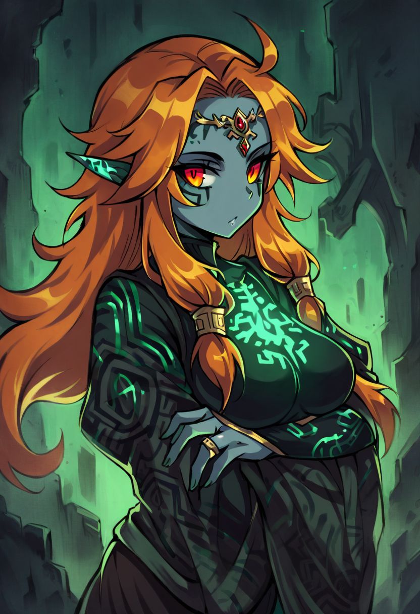 ((masterpiece,best quality)), zzTwilightZelda,   zzTwilightZelda,    glow, glowing, green glow, dark skin, grey skin, glowing tattoo, pointy ears, red eyes, orange hair, long hair, yellow sclera, <lora:princess_zelda:1> princess zelda, 1girl, bangs, breasts, bridal gauntlets, closed mouth, expressionless, from side, highres, jewelry, long hair, long sleeves,  <lora:TwilightTheme_SDXL:0.8>,