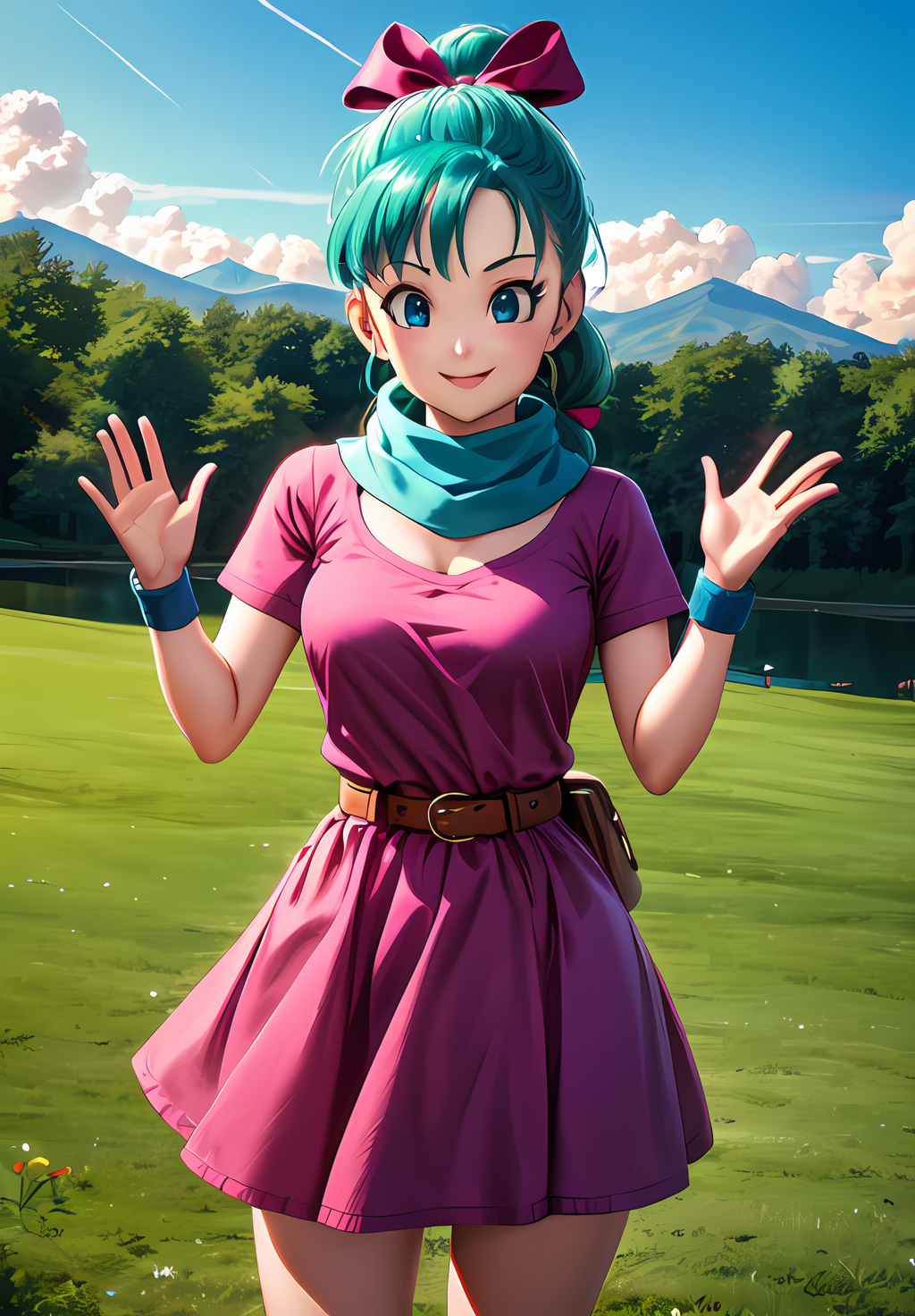 (Photo:1.3), highdetail, <lora:Bulma_teen:0.8>, Bulma_teen, 1girl, solo, long hair, looking at viewer, blush, smile, bangs, blue eyes, dress, bow, ribbon, standing, hair ribbon, short sleeves, thighs, cowboy shot, outdoors, green hair, sky, day, belt, cloud, water, scarf, blue sky, hands up, short dress, grass, building, wristband, pink dress, clothes writing, pouch, brown belt, river, lake, (acclaimed, alluring, captivating, exciting, gorgeous, striking:1.3), (trending on artstation:1.3)