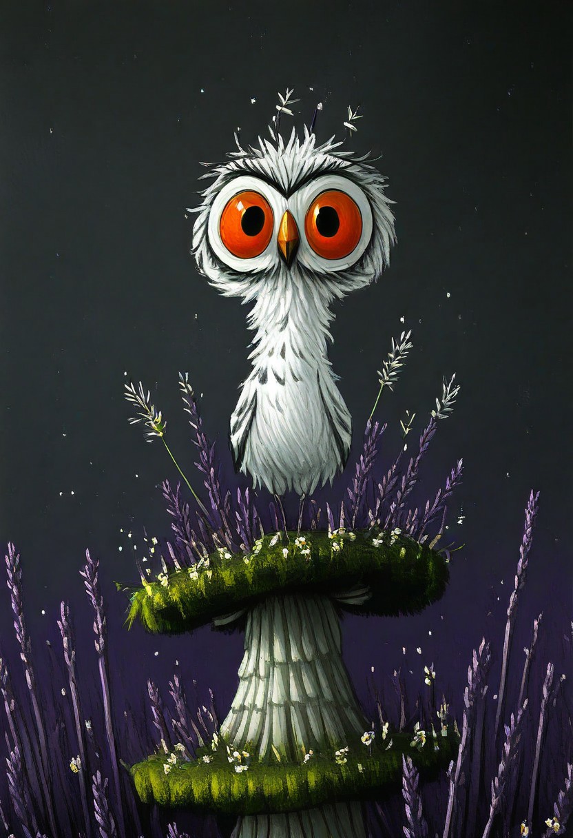 tiny owl, oversized head, huge amber eyes, ruffled feathers, perched on mushroom, surrounded by glowing purple and  yellow toadstools, lavender sprigs, starlit background, bioluminescent particles, digital painting, expressive brushstrokes, dreamlike atmosphere, Tim Burton inspired design, dark whimsical art style