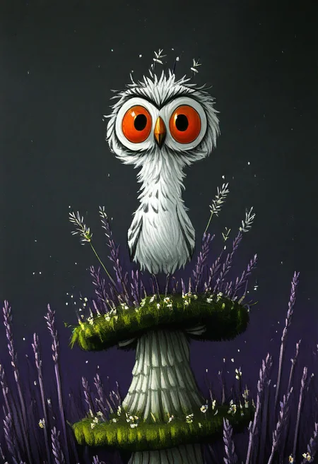 tiny owl, oversized head, huge amber eyes, ruffled feathers, perched on mushroom, surrounded by glowing purple and  yellow toadstools, lavender sprigs, starlit background, bioluminescent particles, digital painting, expressive brushstrokes, dreamlike atmosphere, Tim Burton inspired design, dark whimsical art style