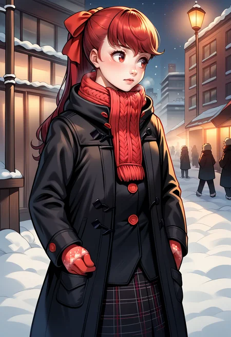 score_9, score_8_up, score_7_up, source_anime, 1girl, looking to the side, BREAK <lora:KasumiP5-pdxl:1> janSumi, long hair, ponytail, red hair bow, winter clothes, black coat, red scarf, long sleeves, mittens, open coat, plaid skirt, black pantyhose, outdoors, city, snow