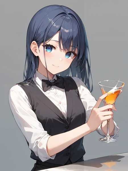 score_9, score_8_up, score_7_up,source_anime, high res image,masterpiece,best quality,girl,cute face,clear skin,shiny hair,ultra detailed eyes,simple background, <lora:bartender_pony_V1.0:1> bartender, shirt, bowtie, black vest, holding,glass,alcohol