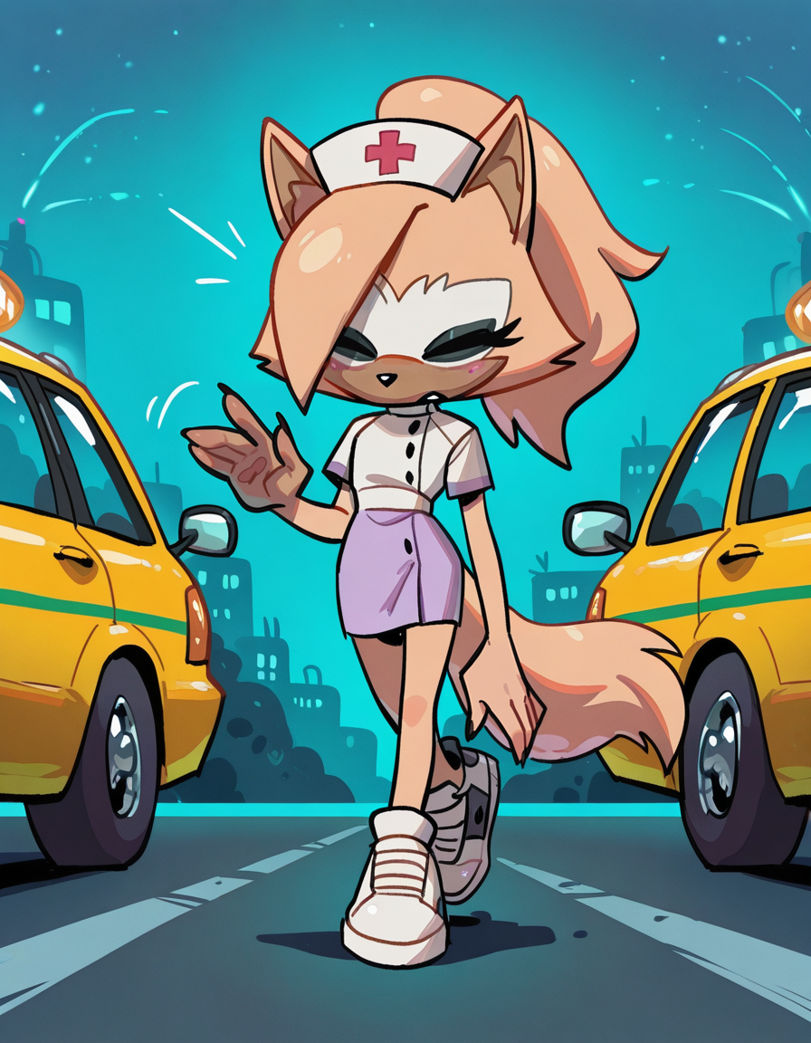 1girl, solo, <lora:knuxze:1> knuxze, no humans, petite,
<lora:Whispangle-Illustrious:0.8> whisper the wolf, wolf ears, wolf tail, brown fur, yellow fur, two-tone fur, closed eyes, nurse, nurse outfit, lavender scrub top, lavender scrub skirt, white sneakers, (long shot), hailing a taxi, detailed face, located in an urban scene at a historic marina during night with clear sky weather, illuminated by headlights of cars, creating a vibrant,hectic atmosphere, extremely detailed, highres, masterpiece, best quality