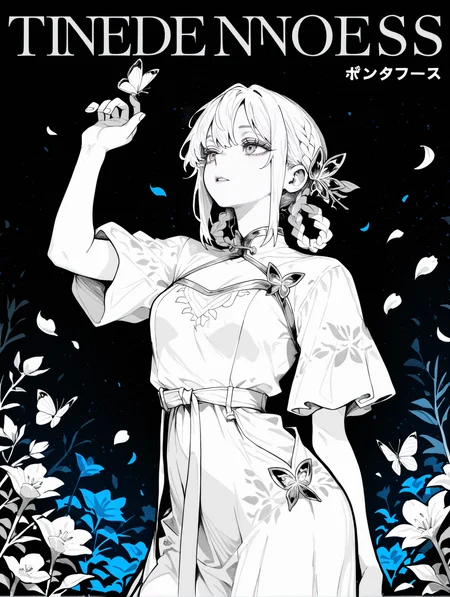 1girl,solo,snake braid,dress,flower,closedeyes,blackbackground,handonownchest,fromside,shortsleeves,whitedress,petals,bluedress,twintails,veryprofile,butterfly,bug,branch,partedlips,handup,lowtwintails,simplebackground,lookingup,breasts,standing,floralprint,,
BREAK
The text on the cover should be bold and attention-grabbing,contrapposto,fashion,Magazine cover,(title),with the title of the magazine and a catchy headline,
perfect quality,high quality,masterpiece,best quality,amazing quality,very aesthetic,absurdres,newest,
BREAK
<lora:USNR STYLE_XL_loha:0.45>,usnr,<lora:spo_sdxl_10ep_4k-data_lora_webui:0.5>,<lora:illustrious_all_rated_v1:0.6>,<lora:ponyv5_noobV065S_1_adamW:0.7>,<lora:748cmSDXL:0.8>,748cmstyle,<lora:DarkerThanBlackIllustrious:0.5>,ertcyql,greyscale with colored background,<lora:ERT1001:0.8>,
