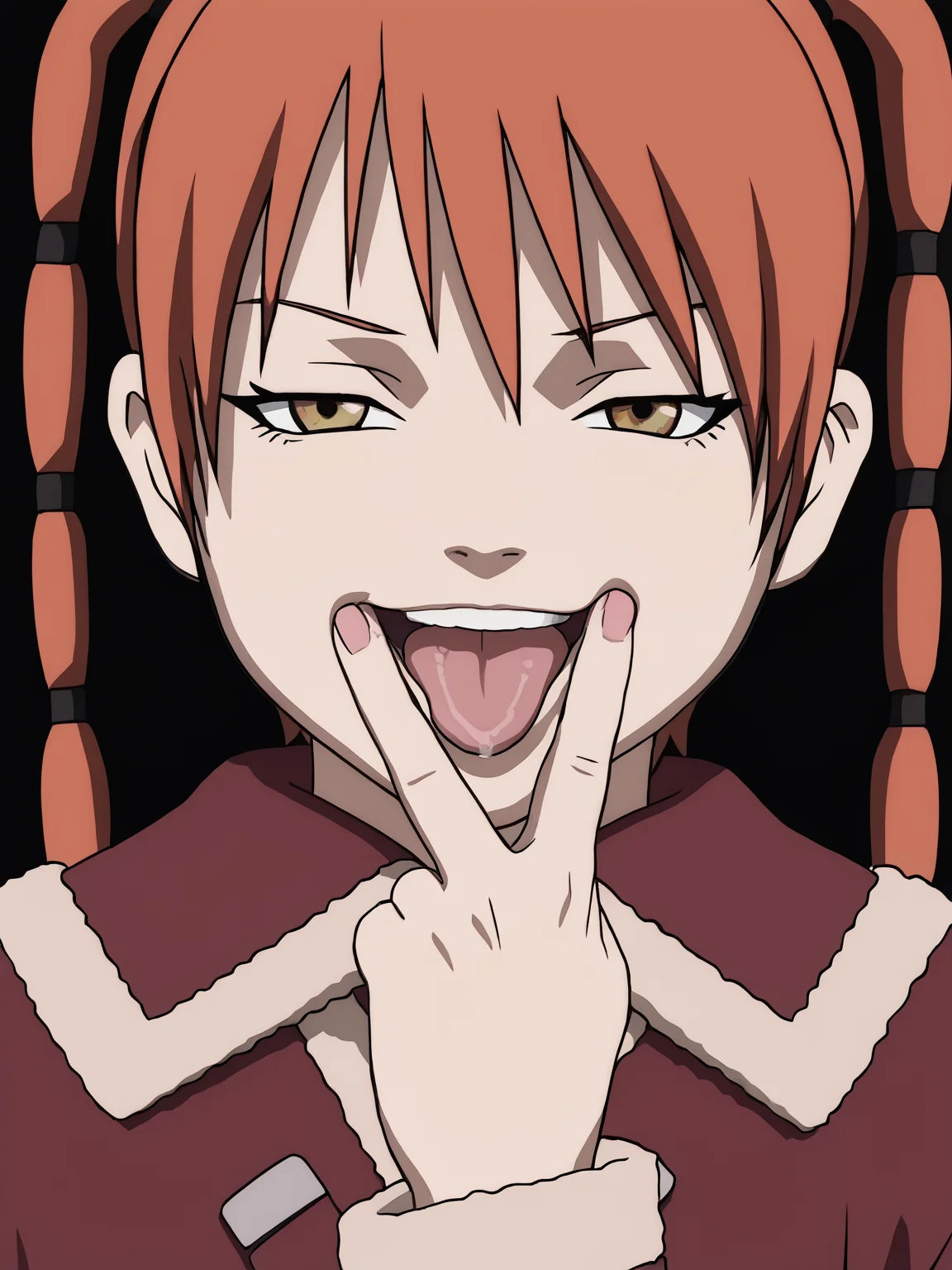 score_9, score_8_up, score_7_up, score_anime, rating_explicit, uncensored, BREAK 1girl, <lora:Ran_Theoria_PDXLv0.1:0.8> ran_theoria, coat, anime screencap, white background,  <lora:cunnilingus-gesture-ponyxl-lora-nochekaiser:1> cunnilingus gesture, v over mouth, tongue out, tongue, v, saliva, smug,