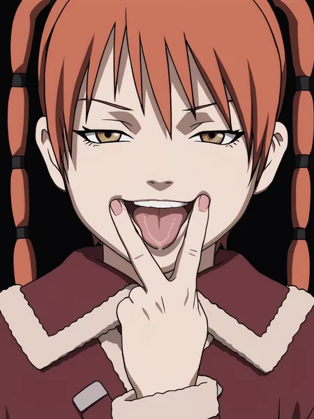 score_9, score_8_up, score_7_up, score_anime, rating_explicit, uncensored, BREAK 1girl, <lora:Ran_Theoria_PDXLv0.1:0.8> ran_theoria, coat, anime screencap, white background, <lora:cunnilingus-gesture-ponyxl-lora-nochekaiser:1> cunnilingus gesture, v over mouth, tongue out, tongue, v, saliva, smug,
