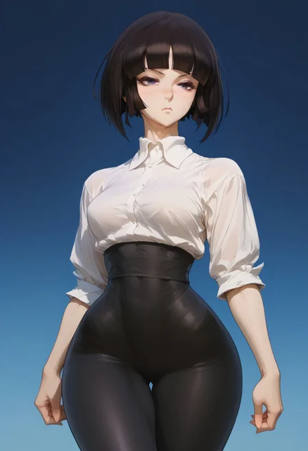 score_9_up, score_8_up, score_7_up, Anime_source,score_9, score_8_up, score_7_up, rating_explicit, uncensored ,
1girl, focus, ,
Kivye, black eyes, black hair, short hair, blunt bangs, short hair,
normal uniform, black pantyhose not transparent ,white shirt,black pantyhose, Battle clothes,
sexy slender curvy body, extremely sexy legs, blush, nose , sexy body, wide hips and narrow waist, ,