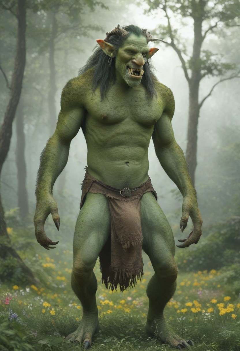 1 Dnd_Troll, the image is a digital drawing featuring 1 fantastical humanoid creatures standing , detailed outdoor background, trees, flowers, birds, sunset, troll, toothy grin, huge, long arms, green skin that transitions from white at the top to light gray at the bottom.  its fur is a mix of dark green and gray appearing rough and unkempt. it has a wild untamed look with sharp jagged teeth visible in its open mouth and its eyes are a piercing yellow. its fur extends down its arms and legs which end in clawed hands and feet. it wears a tattered dirty loincloth made of a dark coarse material cinched at the waist. dnd_troll claws loincloth monster no humans standing horns teeth male focus green skin simple background sharp teeth 1boy colored skin full body tusks  muscular
