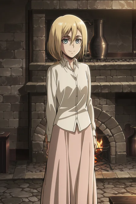 anime screencap, anime coloring, detailed face, masterpiece, best quality, very aesthetic, absurdres, bokeh, volumetric lighting, official style, amazing quality, ultra detailed,  highres, amazing quality, scenery, beautiful detailed hair, beautiful detailed eyes, 
 <lora:Historia_ReissKrista_Lenz_Attack_on_Titan_Season_3:1>
Historia Reiss (character), krista lenz, 1girl, solo, long skirt, fireplace, blonde hair, skirt, stone wall, fire, shirt, stone floor, white shirt, blue eyes, pink skirt, ponytail, looking at the viewer, smile, cowboy shot