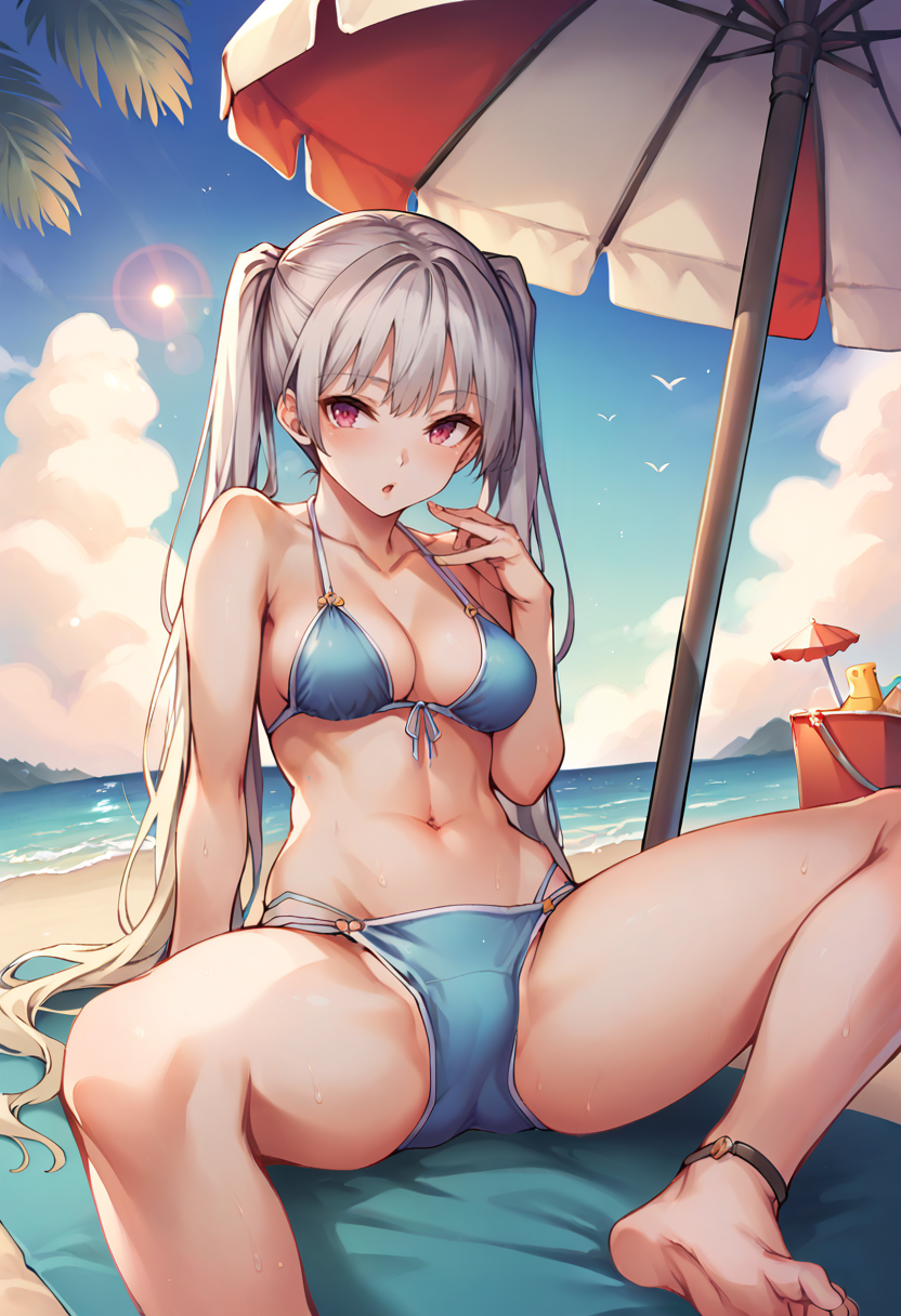 score_9, score_8_up, score_7_up, score_6_up,gradient background,
BREAK
source_anime, day, outdoors, sky, beach, sand, palm tree, ocean, sunset, lens flare,
BREAK
1girl, very long hair, white hair, twintails, spread legs, bikini, medium breasts,
sitting, beach towel, beach umbrella, sand castle, bucket,
<lora:Michiking-Style-PonyXL-Dora-000022:1>