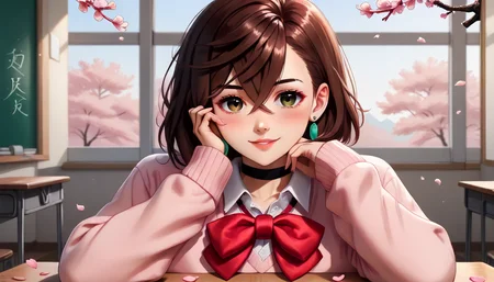score_9,score_8_up,score_7_up,score_6_up,score_5_up,score_4_up,(beautiful eyes),(thin),(perfect eyes),<lora:Ayase_Momo_Dandadan_pony:0.7>,ayase_momo_dandadan,1girl,black choker,blue sky,bow,bowtie,brown eyes,brown hair,cherry blossoms,choker,classroom,collared shirt,dress shirt,earrings,elbow rest,falling petals,hair between eyes,hand on own cheek,hand on own face,head rest,indoors,jewelry,light blush,light particles,long sleeves,looking at viewer,loose bowtie,medium hair,parted lips,pencil,petals,pink petals,pink sweater,red bow,red bowtie,school uniform,sky,sleeves past wrists,smile,solo,sweater,upper body,white shirt,window,