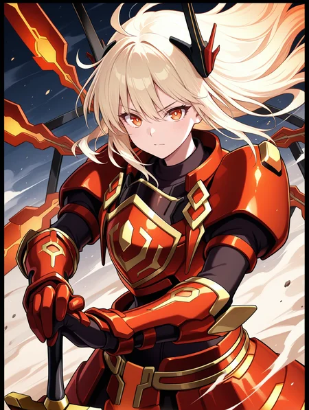 sky striker ace - raye,red power armor,mecha musume,official alternate costume,1girl,orange eyes,black border,solo,flaming red huge sword,looking at viewer,upper body,black bodysuit,red sword wings,red headgear,red armored gloves,red breastplate,dust,wind,floating hair,serious, hand on hilt
masterpiece,best quality,amazing quality,very aesthetic,absurdres,newest,<lora:Sky striker ace - kagari illusXL v1:0.7>,