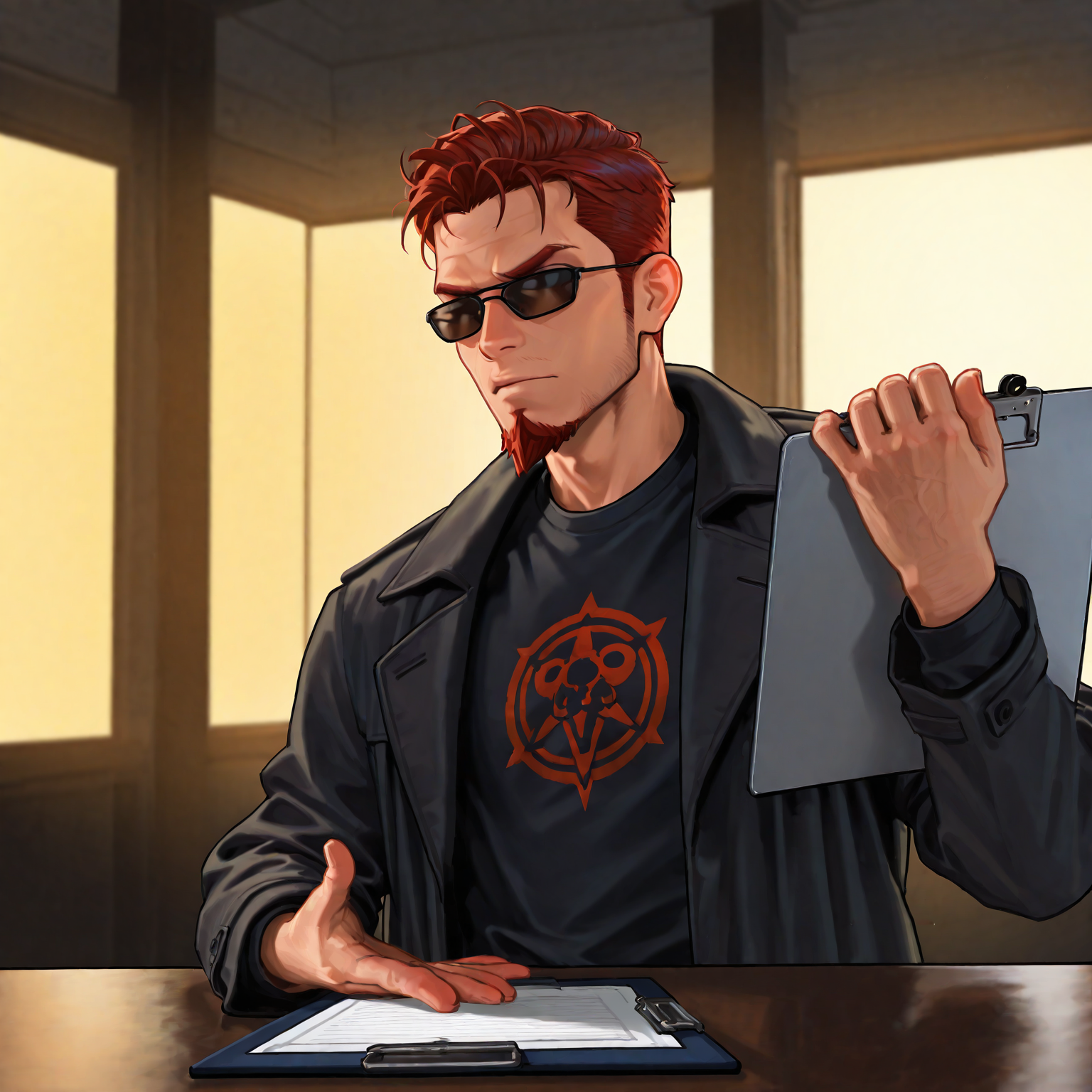 (beautiful, masterpiece, absurd res, detailed, dynamic lighting), (t0uchb00bs), 1boy, solo, male focus, dude \(postal\), sulfs-p2d00d, beard, goatee, red hair, black shirt, black coat, sunglasses, irritated male, presenting breasts, presenting clipboard, holding clipboard