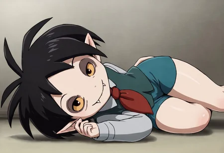 1boy, solo, 1boy, solo focus, Oskar, pale skin, Black Hair, Pointed Ears, Fangs, red necktie, vest, shorts, grinning, from below, laying on side, arm support, thighs, seductive smile