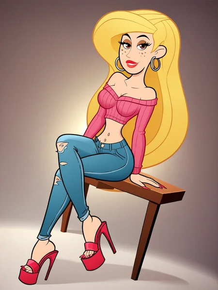 score_9, score_8_up, score_7_up, (toon \(style\):1),(flat colors:1),facing viewer,ultra high quality,ultra high resolution,ultra , seductive,(extremely detailed), detailed background,,(masterpiece, best quality, high quality, highres, ultra-detailed),full body,inside, bedroom in background, spotlight effects.,close up, cowboy shot,   dutch angle ,perfect eyes,perfect face,,narrow waist,perfect breasts,perfect eyes,perfect face,eager expression,earrings,facing viewer, 
<lora:Veronica_Stoppable:0.9> veronica stoppable, toon (style), flat color, freckles, narrow waist,  brown eyes, long hair,  long eyelashes,  long hair, brown eyes, seductive smile, long eyelashes, medium breasts, wide hips, long legs, red lips, looking at viewer,blonde hair, Off-the-shoulder sweater , pastel pink sweater, ripped skinny jeans, fashionable platform sandals, oversized hoops,midriff,long nails,