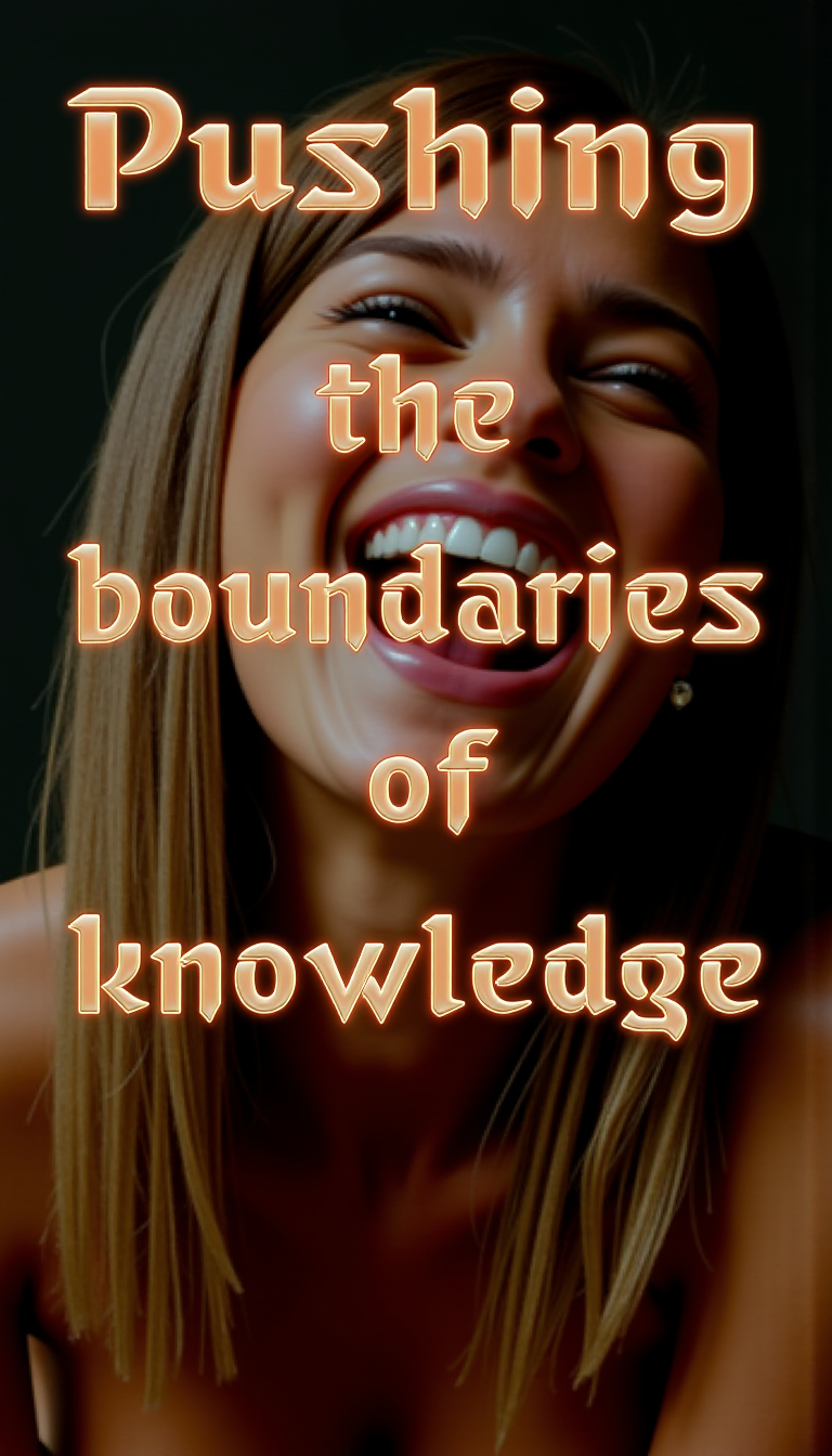 <lora:SC2Font:1>A copper colored SC2StyleFont text that says "Pushing the boundaries of knowledge" in phoenix ember roofing style letters over a photo of a woman laughing.