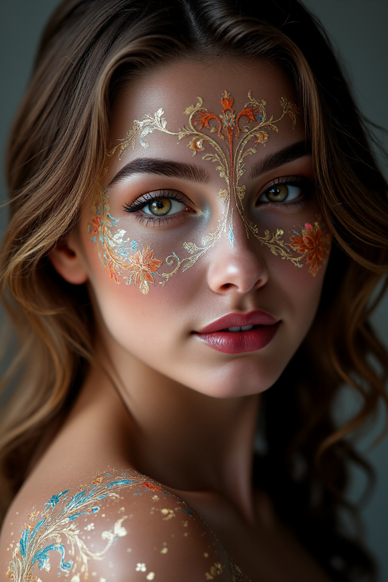 <lora:DGLO_style_v.81:0.75> Intricate, fine, meticulously detailed, swirling floral pattern of a brightly glowing  bodypaint in DGLO style. She has a knowing smile on her face. A part of her bodypaint is painted on her fair skin swimsuit with metal sheen, which covers her subtly, modest form and highlights her slender, young and elegant physique.