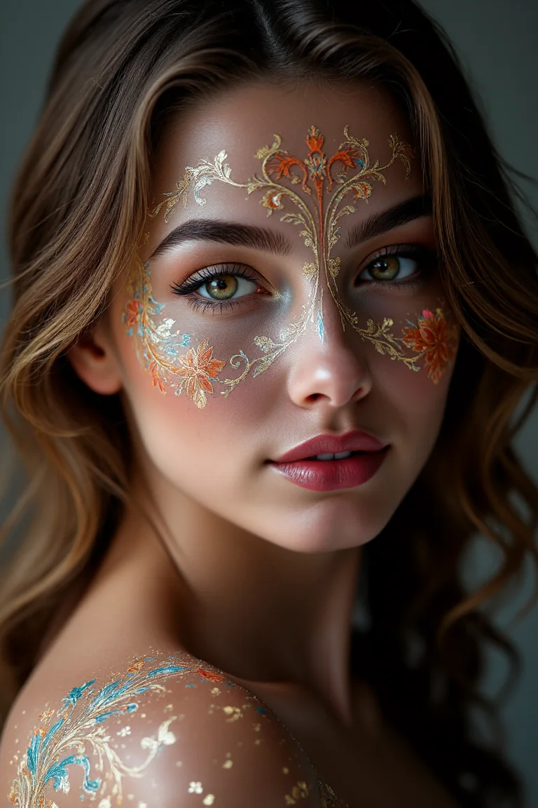 <lora:DGLO_style_v.81:0.75> Intricate, fine, meticulously detailed, swirling floral pattern of a brightly glowing bodypaint in DGLO style. She has a knowing smile on her face. A part of her bodypaint is painted on her fair skin swimsuit with metal sheen, which covers her subtly, modest form and highlights her slender, young and elegant physique.