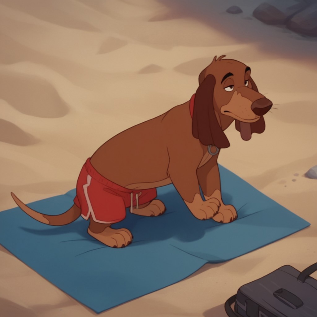 score_9, score_8_up, score_7_up, score_6_up, score_5_up, score_4_up, source_furry, ItchyItchiford, feral, male, Dachshund, brown fur, swim trunks, at the beach