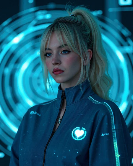 Photorealistic of a potrait shot scene where sw33ny a young and gorgeous beauty as a Holographic Interface Designer with long curly ponytail platinum-blonde hair in the center of a futuristic, holographic interface. The vibrant cyan data rings and geometric shapes from the background are surrounding her, some even seemingly projected from her hands as if she’s controlling the interface. Her partially unzipped circuitry print stylish futuristic engineer uniform and choker contrast with the high-tech environment, creating a visual blend of the modern and the digital.
subtle, dynamic holographic patterns that shift colors along the circuitry of her outfit, integrating her more into the digital environment.faintly glowing circuitry pattern within her outfit’s fabric, creating a futuristic look that suggests advanced material technology. Her heart pendant have a small, glowing core, pulsing with light in sync with the holographic background. Very realistic overall texture composition.
Close-up with a slight frown and her lips pressed together, looking thoughtful or concerned.