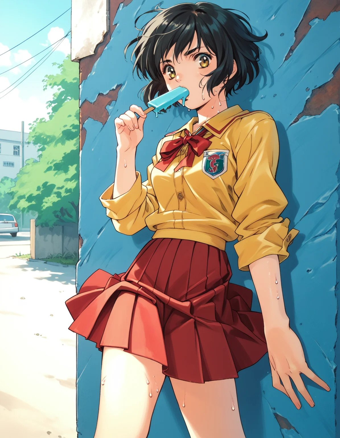 score_9, score_8_up, score_7_up, <lora:peridot-voice-ponyxl-000022:0.8> inazuka, school uniform, yellow shirt, red ribbon, pleated skirt, red skirt, miniskirt,
solo, popsicle, sweat, summer, storefront, wind chime