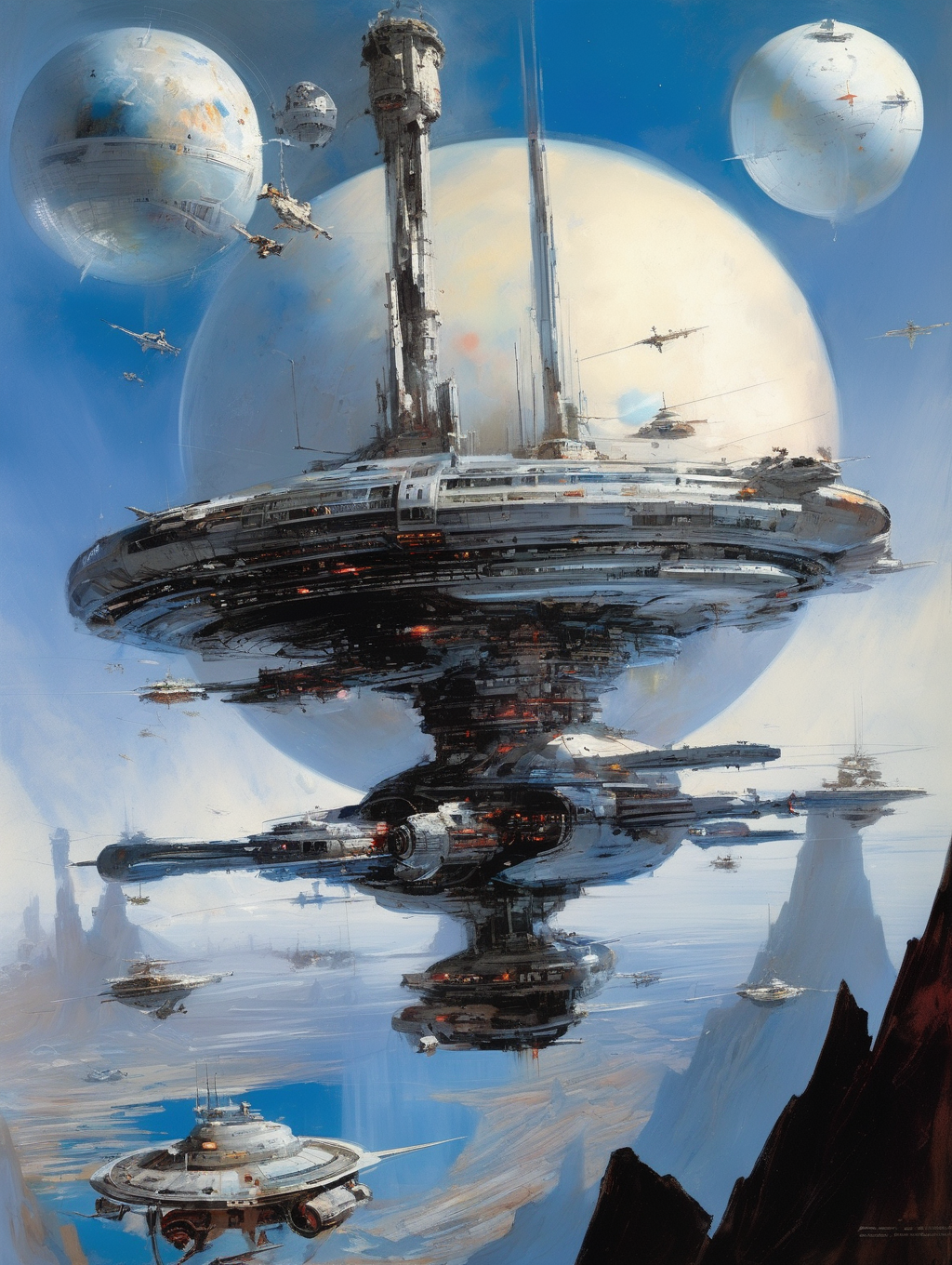 <lora:John Berkey Style:1>John Berkey Style - a john berkey stle painting of A massive space station orbiting a blue planet, with dozens of elegant ships docking and departing. The station is shaped like a ring, with a central hub and spokes connecting it to the outer rim. The ships are white and silver, with red and blue accents. The planet below is covered with clouds, oceans and continents. The sun is shining brightly behind the station, creating a halo effect