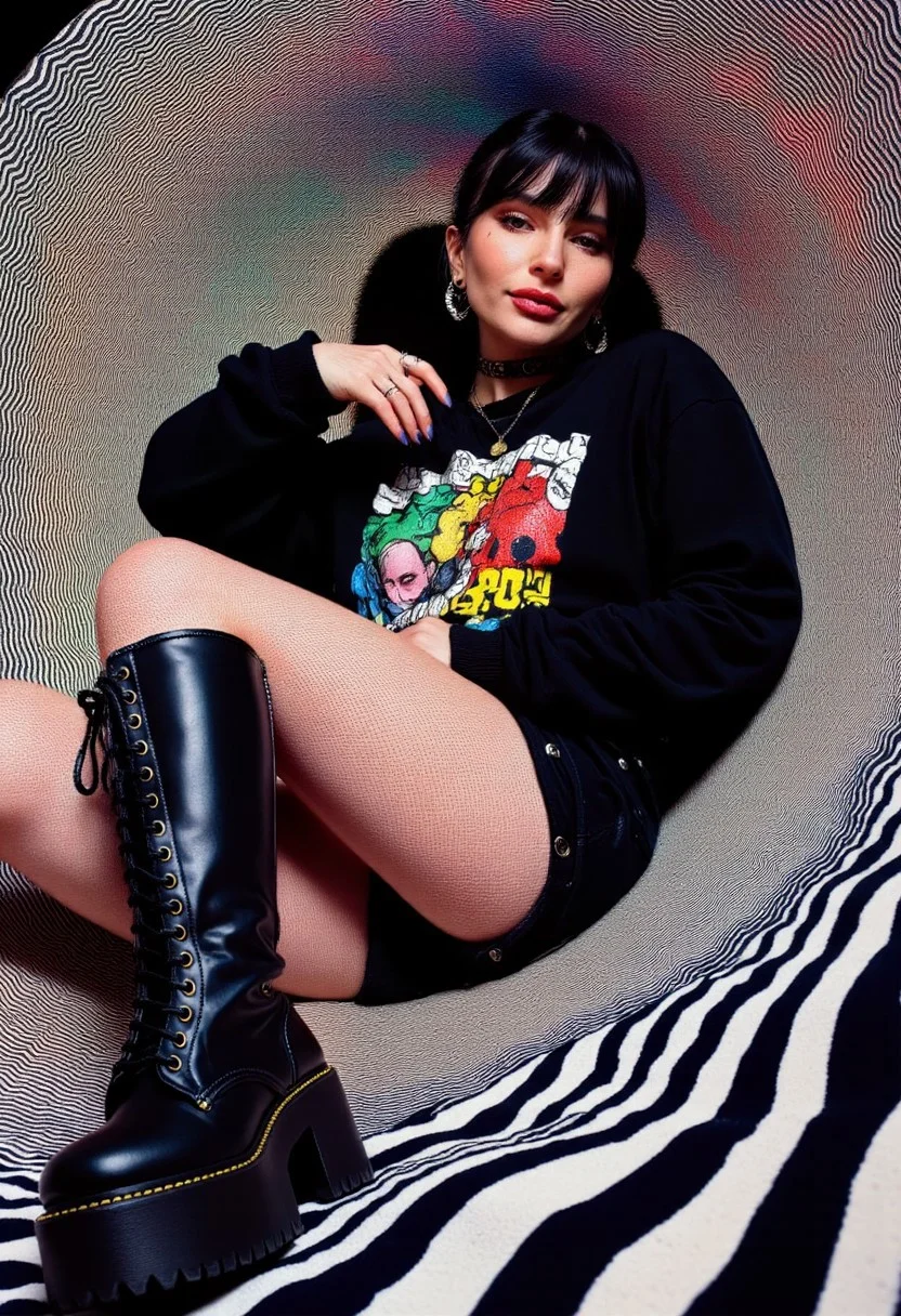 A high-resolution, highly detailed, hyper-realistic ArsMJStyle colored pencil hyper-detailed realism illustration of a gothic-inspired woman, exuding an edgy, alternative aesthetic. She has a pale complexion and straight black hair with sharp bangs, framing her intense gaze. Dressed in a punk-infused ensemble, she wears a black long-sleeved T-shirt featuring a bold graphic print, paired with a black mini skirt. Her legs are wrapped in black fishnet stockings, leading down to knee-high, lace-up boots with thick, chunky soles that dominate the foreground, emphasizing their weight and detail. A black choker encircles her neck, complementing her dark makeup—intense black eyeliner, deep black lipstick, and a subtle hint of blush. She lounges effortlessly, reclining with one leg raised in a casual yet commanding pose. The background transforms into a mesmerizing optical illusion, a swirling vortex of countless thin, evenly spaced lines radiating outward in a hypnotic spiral. These lines blend vivid hues of blue, green, red, and yellow, creating a kaleidoscopic effect against a deep black backdrop that intensifies their brightness. The wavy patterns enhance the illusion of depth and movement, evoking a surreal, mathematical precision. This fusion of gothic fashion and mind-bending abstraction crafts a visually striking and immersive composition. ernie_1
