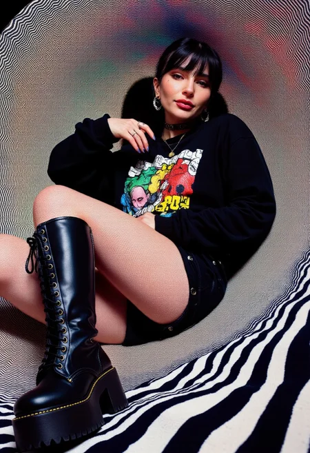 A high-resolution, highly detailed, hyper-realistic ArsMJStyle colored pencil hyper-detailed realism illustration of a gothic-inspired woman, exuding an edgy, alternative aesthetic. She has a pale complexion and straight black hair with sharp bangs, framing her intense gaze. Dressed in a punk-infused ensemble, she wears a black long-sleeved T-shirt featuring a bold graphic print, paired with a black mini skirt. Her legs are wrapped in black fishnet stockings, leading down to knee-high, lace-up boots with thick, chunky soles that dominate the foreground, emphasizing their weight and detail. A black choker encircles her neck, complementing her dark makeup—intense black eyeliner, deep black lipstick, and a subtle hint of blush. She lounges effortlessly, reclining with one leg raised in a casual yet commanding pose. The background transforms into a mesmerizing optical illusion, a swirling vortex of countless thin, evenly spaced lines radiating outward in a hypnotic spiral. These lines blend vivid hues of blue, green, red, and yellow, creating a kaleidoscopic effect against a deep black backdrop that intensifies their brightness. The wavy patterns enhance the illusion of depth and movement, evoking a surreal, mathematical precision. This fusion of gothic fashion and mind-bending abstraction crafts a visually striking and immersive composition. ernie_1