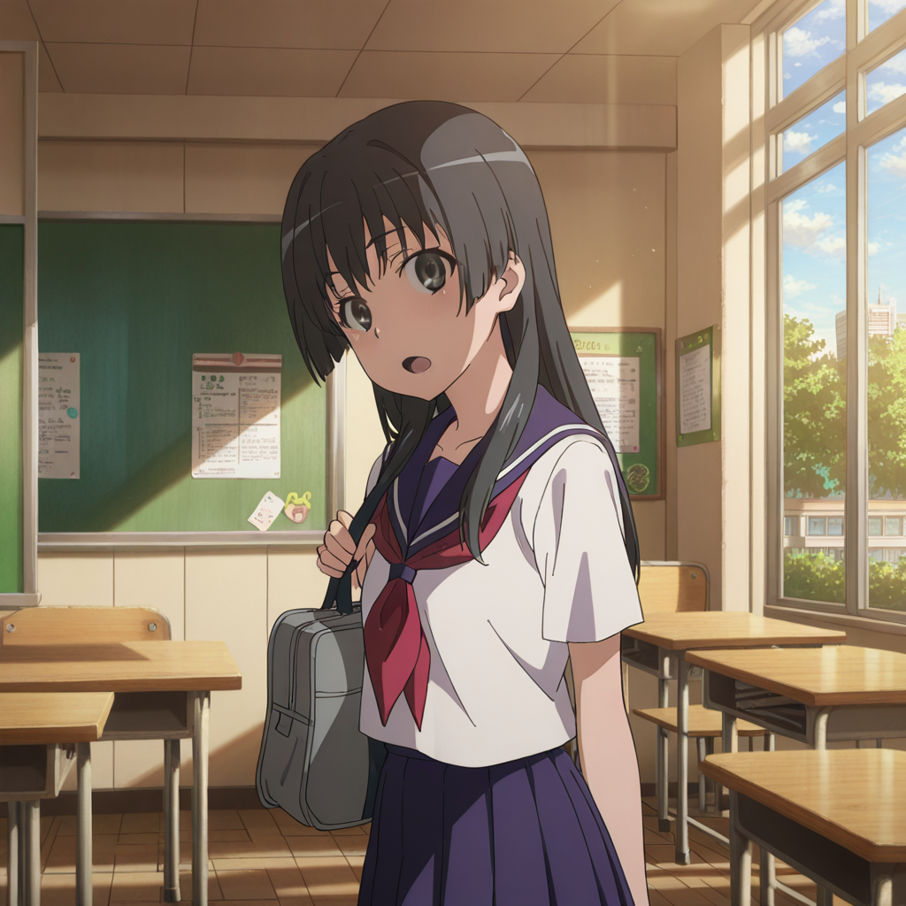 nsfw, masterpiece, best quality, amazing quality,1girl, solo, neckerchief, index_railgun_saten_ruiko, standing, open mouth, black eyes, ,black hair, long hair, sakugawa school uniform, serafuku, skirt, bag, looking at viewer, indoor, classroom, day, <lora:Saten_Ruiko_-_Index_Railgun:0.7>