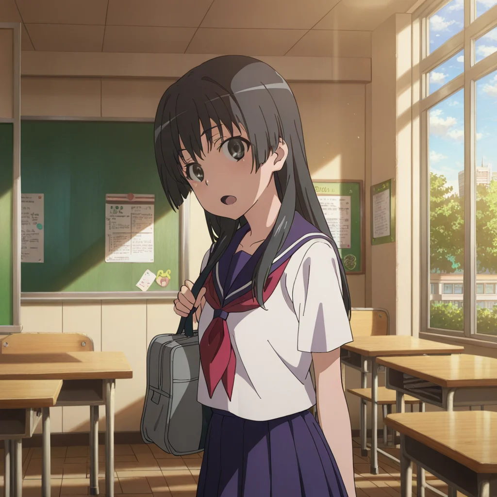 nsfw, masterpiece, best quality, amazing quality,1girl, solo, neckerchief, index_railgun_saten_ruiko, standing, open mouth, black eyes, ,black hair, long hair, sakugawa school uniform, serafuku, skirt, bag, looking at viewer, indoor, classroom, day, <lora:Saten_Ruiko_-_Index_Railgun:0.7>