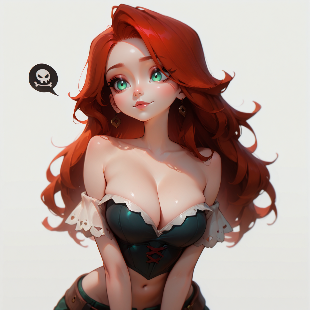 A close-up portrait of a Miss Fortune \(league of legends\). She has long, wavy red hair and striking green eyes, captured from a portrait camera angle. the image is a digital illustration with a soft, semi-realistic style, focusing on the subject's face and upper body. the woman appears to be in her early twenties, with fair skin and a serene expression. she has large, expressive green eyes that are looking directly at the viewer, with a slight smile and parted lips. her hair is styled in loose waves and falls down her back, framing her face. she is wearing large, square-shaped earrings that add a touch of elegance to her overall appearance. the background is a simple, plain white, providing a clean and minimalistic backdrop for the subject. the lighting is soft and even, highlighting her delicate features and creating a gentle glow on her skin. the overall effect is one of serenity and beauty, with the woman's expression conveying a sense of calmness and tranquility., Miss Fortune \(league of legends\), 1girl, solo, long hair, smile, simple background, white background, closed mouth, jewelry, bare shoulders, green eyes, collarbone, earrings, red hair, grey background, looking to the side, lips, shiny skin, makeup, shadow, portrait, close-up, red lips, 