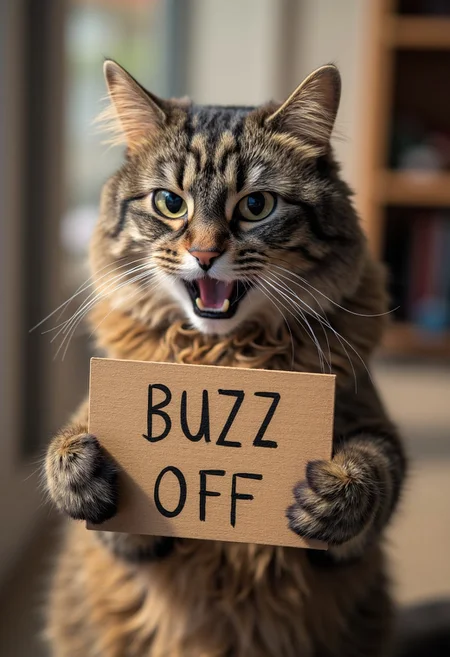 photograph of a fluffy, angry, evil looking, long-haired domestic cat named Allie holding up a wooden sign with the text "BUZZ OFF"