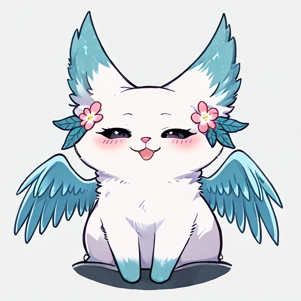 Minto, white fur, black sclera, black eyes, pink nose, paws, tail, turquoise edges at the ears, wings