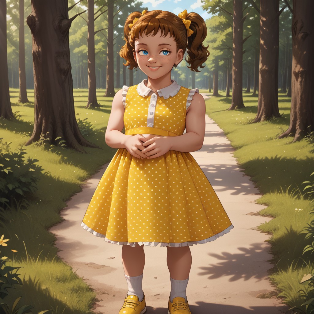 score_9, score_8, BREAK, solo, brown hair, short hair, pigtails, yellow hair bow, blue eyes, freckles, yellow white dotted dress, sleeveless dress, socks, yellow shoes, doll, Gabby_Gabby_(Toy_Story_4), cute, sexy pose, self portrait, smile, outdoors, sunlight, shadows, evening lighting, natural lighting, forest, trees, grass, orange sky, sunset