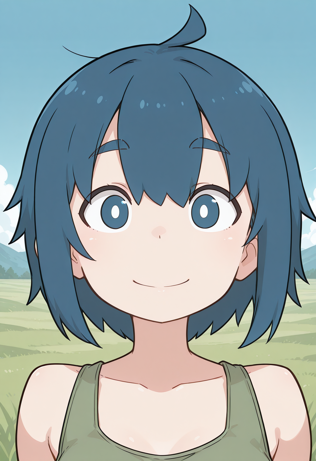 nishihara, thick eyebrows, white pupils, blue hair, short hair, blue eyes, ahoge, green tank top, collarbone, <lora:nishihara_illustrious_ver1:0.8> 
smile,, masterpiece, best quality, sensitive,, 1girl, solo, blue sky, (grasslands:1.2), looking at viewer,, (upper body:1.2), (close-up:1.2), (facing viewer:1.2), (open eyes:1.4), (portrait:1.2)