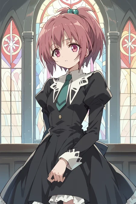 score_9, score_8_up, score_7_up, score_6_up,
<lora:Nagisa_Aoi:1> nagisa, miator, 1girl, school uniform, solo, short hair, dress, necktie, hair ornament, stained glass, ponytail, black dress, pink eyes, long sleeves,