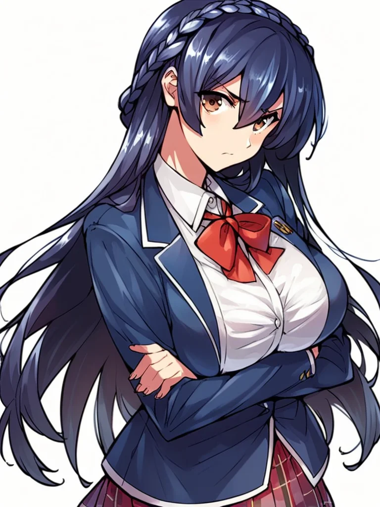 score_9, score_8_up, score_7_up,
1girl, shiramine hibiki, long hair, crown braid, large breasts, dark blue hair, brown eyes,
blue blazer, red bowtie, plaid skirt, school uniform, standing, crossed arms, frown, looking at viewer, white background, solo,