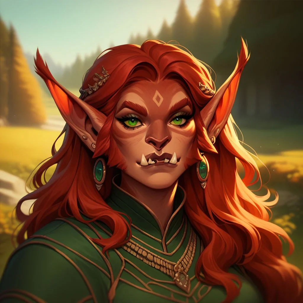 (((beautiful, high quality))), upper body, score_9, score_8_up, score_7_up, solo,
Bugbear, furry, pointed ears, fangs, 1girl, green eyes, red hair, long hair, jewelry,
outdoor, fantasy background, nature, blurred background,