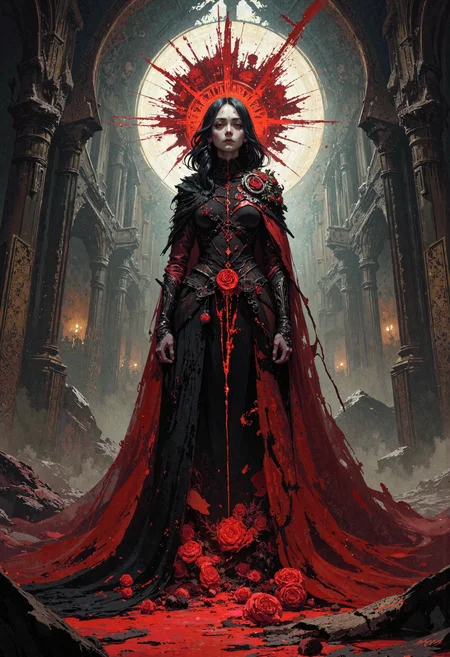 masterpiece, high-quality, A regal figure in tattered crimson veils standing at the altar of a ruined cathedral, black roses at her feet. Her pale skin is traced with ghostly runes, glowing with the echoes of collapsing timelines. The swirling fragments of past weddings float around her like phantoms, each veil torn by the sharp edges of reality. deep gothic tones, heavy chiaroscuro, hyperdetailed, refined details, best quality, high resolution, <lora:FLUX\FLUX-daubrez-DB4RZ:0.3> <lora:FLUX\Anime v1.3:0.5> <lora:FLUX\DarksunRiddV4:0.6> <lora:FLUX\ArcaneFGTNR:0.5>