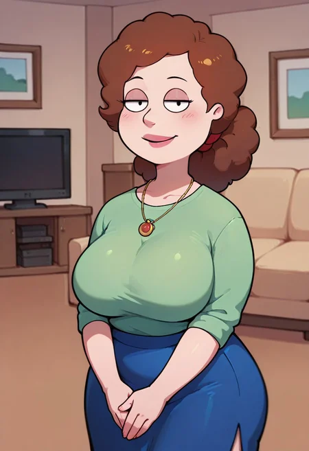 score_9,score_8_up,score_7_up,score_6_up,best quality, 1girl, solo, living room, couch, indoors,
BREAK
unnamed girl, brown hair, black eyes, (mature female:1.5), (plump:1.2), large breasts, gigantic ass, gigantic hips, green sweater, rolled up sleeves, blue skirt, stockings, own hand together, blush, smile, looking at viewer, long skirt, half-closed eyes, necklace,
