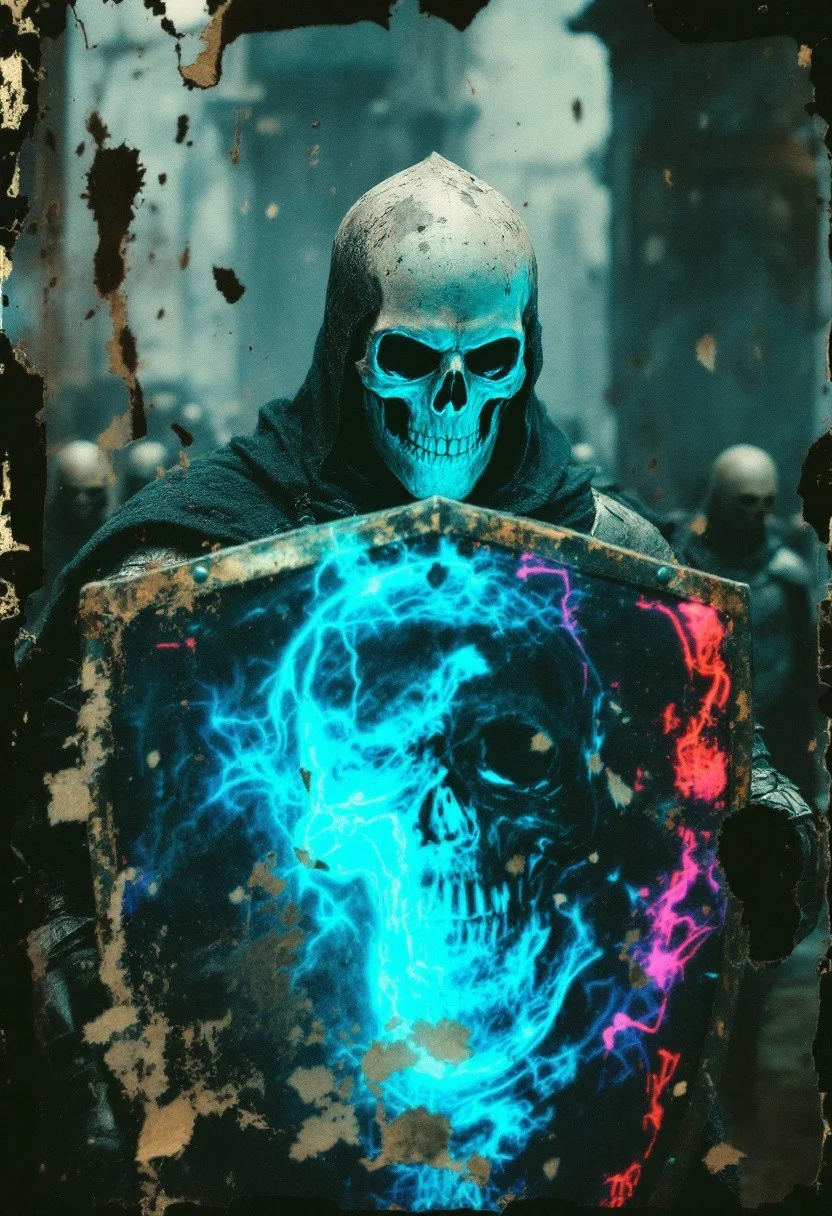 A heavily deteriorated film recording of a skeletal warrior in medieval armor, captured on decaying 16mm stock with severe emulsion damage. Prominent film burns create holes in the image, while chemical stains spread across the frame like watercolors. Excessive film grain mingles with projection wear, creating a thick texture of authentic analog artifacts. The warrior appears through layers of scratched celluloid and processing errors, while the shield's glitching holographic skull remains vibrantly neon. Physical splicing marks and frame jitter create unstable movement, enhanced by light leaks and exposure fluctuations. Mold patterns and vinegar syndrome degradation add organic decay patterns. The background dissolves into pure film damage, with sprocket hole intrusion and frame line bleeding. Shot on found footage with intentional mishandling and accelerated aging effects.