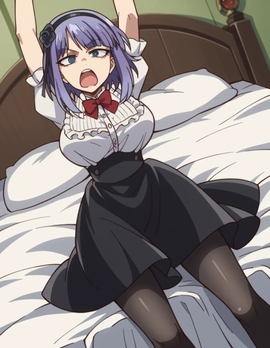score_9, score_8_up, score_7_up, source_anime, <lora:hotaru-shidare-s2-ponyxl-lora-nochekaiser:1>, hotaru shidare, short hair, blue eyes, hair ornament, purple hair, flower, hairband, hair flower, ringed eyes, large breasts,, skirt, pantyhose, high heels, black pantyhose, high-waist skirt, shirt, frilled shirt, bowtie, red bowtie, puffy sleeves, short sleeves,, bedroom, alarm clock, morning routine, yawning, stretching, on bed,, , looking at viewer, arm straight out to the side, solo,, cowboy shot, dutch angle