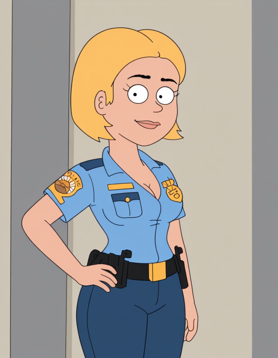 ginaj, 1girl, blonde hair, short hair, breasts, solo, cleavage, uniform, police uniform, pants, belt, looking at viewer, hand on own hip, cowboy shot,light smile, masterpiece, best quality,short sleeves,  amazing qu<lora:GinaJabowskiIllustrios1.0JLFO:1>